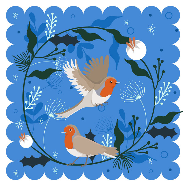 Greeting card of robin birds with plants elements. Vector graphics. - Вектор,изображение