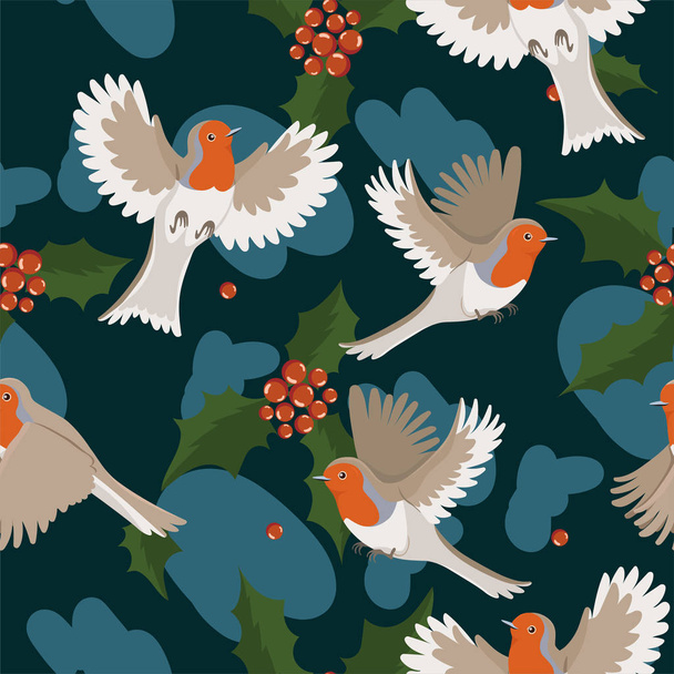 ロビン鳥はベリーや葉とシームレスなパターンを持っています。ベクトルグラフィックス. - ベクター画像