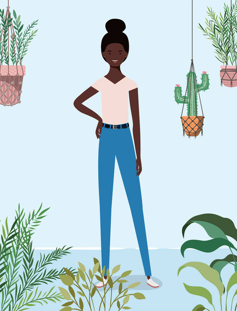 joven afro chica en el jardín carácter
 - Vector, imagen