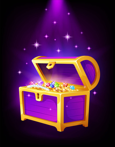 Open purple chest with golden coins and jewelry inside - Vector, Image