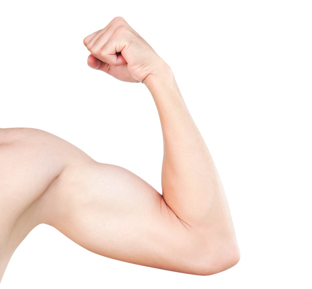 Asian Mężczyzna Pokaż ramię z biceps izolowane na białym tle, opieki zdrowotnej i koncepcji medycznej - Zdjęcie, obraz