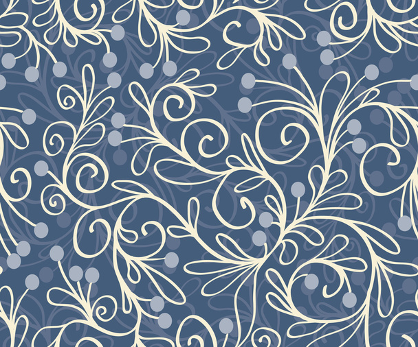 Seamless pattern with leaves, branches, stems and berries in blue colors - Vector, imagen