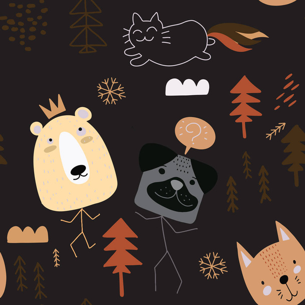 patrón inconsútil vector de dibujos animados animales divertidos, oso, perro y
 - Vector, Imagen