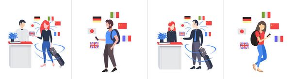 set men women tourist using smartphone mobile dictionary or translator communication people connection concept different languages flags flat full length horizontal - Vector, imagen