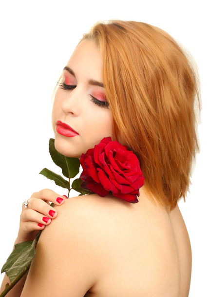 portrait of sexy young woman with red rose - 写真・画像