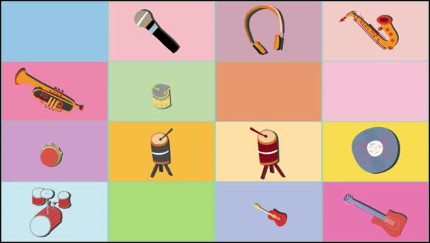 Animated 2D background clip motion with musical instruments. Iconos de instrumentos musicales dibujados a mano 4K video
. - Metraje, vídeo