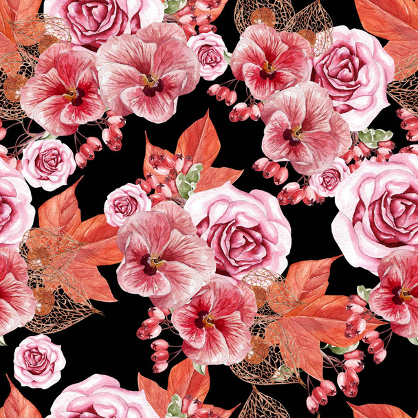 Mooie aquarel patroon met herfst bladeren, viooltjes en rozen bloemen, rozenbottel.  - Foto, afbeelding