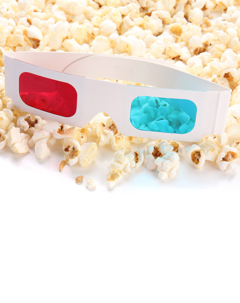 Popcorn and 3D glasses, isolated on white - Foto, imagen