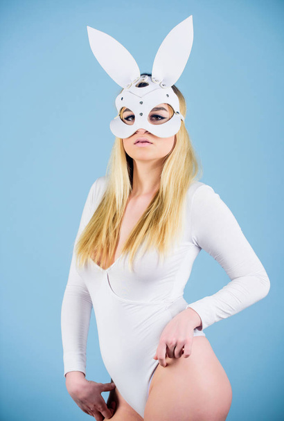 Sex toys and accessories. Erotic bunny. Sexy blonde in mask bunny. Fetish concept. Sexy woman play sex game. BDSM and sex shop. Playful woman rabbit white ears bodysuit lingerie. Sexual role game - Foto, Imagem