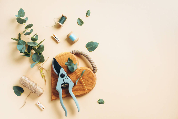 Eucalyptus bouquet creating with baby blue eucalyptus branches over pastel background. Florist work concept. Top view. Flat lay. - 写真・画像