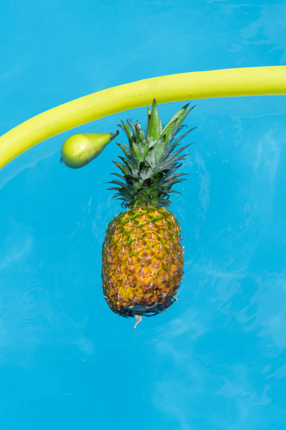 Top view of a sweet exotic pineapple and a freshly harvested green pear accompanied by a pair of balloons floating in a pool - Fotografie, Obrázek