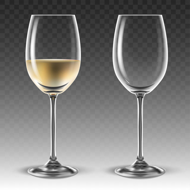 Dos vasos transparentes para vino, uno de los cuales está medio lleno wi
 - Vector, Imagen