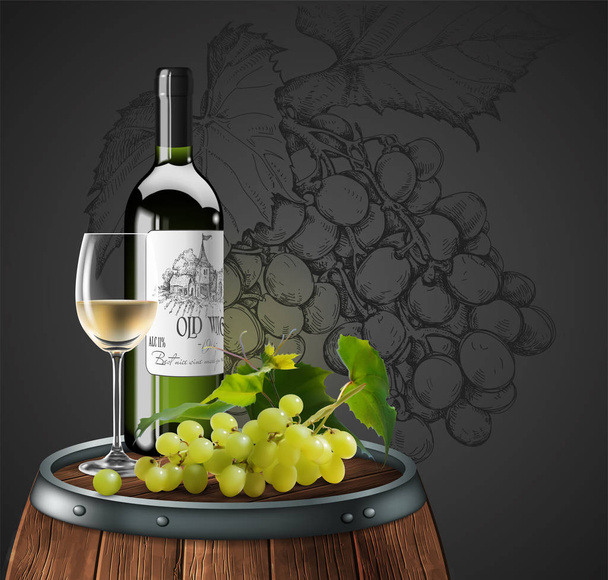 Bottle, glass of white wine and bunch of grapes  on a wooden bar - Вектор,изображение