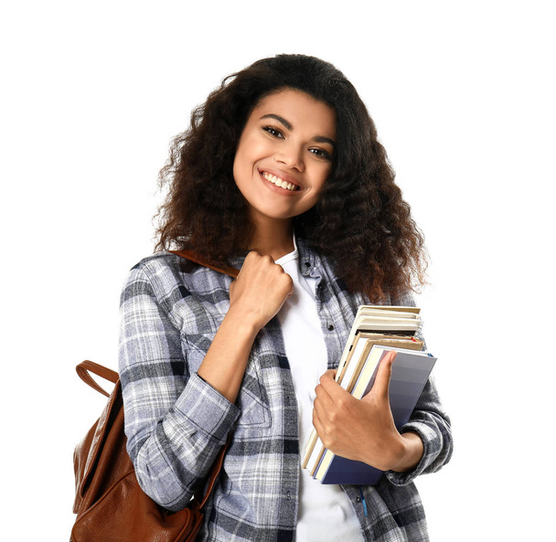 Retrato de estudante afro-americano bonito em fundo branco
 - Foto, Imagem