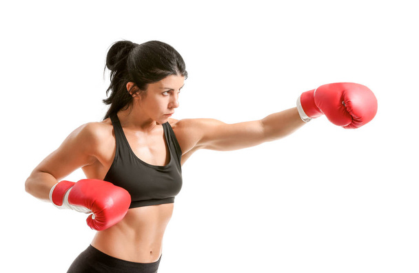 Sporty female boxer on white background - Foto, Imagem