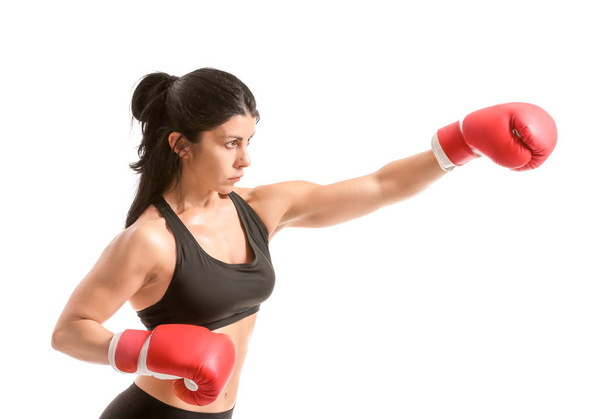 Boxeador femenino deportivo sobre fondo blanco
 - Foto, Imagen