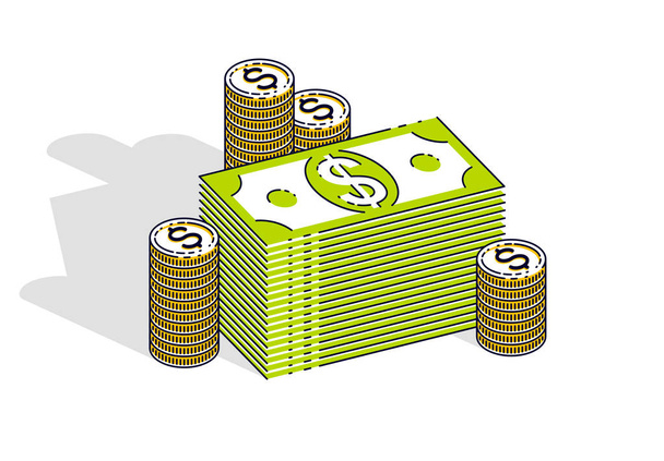Μετρητά χρήματα δολάριο στοίβες και κέρματα Σεντ σωρούς απομονωθεί σε λευκό - Διάνυσμα, εικόνα