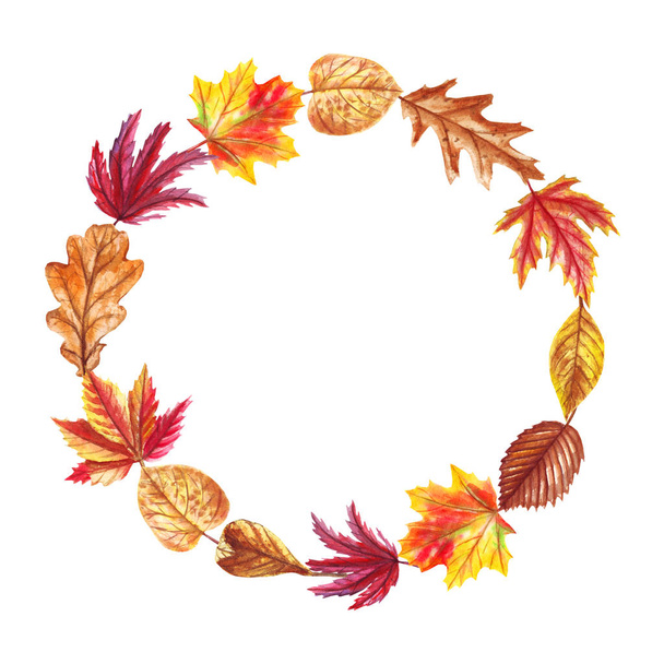 Watercolor wreath with autumn leaves isolated on white. Arrangement for greeting cards, wedding invitations, and decorations. - Φωτογραφία, εικόνα