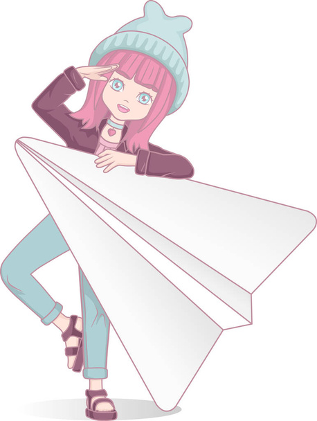 Το κορίτσι anime κρατά χάρτινο αεροπλάνο. Χαρακτήρας κινουμένων σχεδίων σε ιαπωνικό στυλ. Ανεξάρτητος αγγελιοφόρος. Καπετάνιος. Ταχυδρόμος - Διάνυσμα, εικόνα