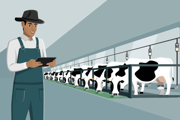 Farmer with tablet on a dairy farm. Automated milking and smart farming. Vector illustration EPS 10 - Vektör, Görsel