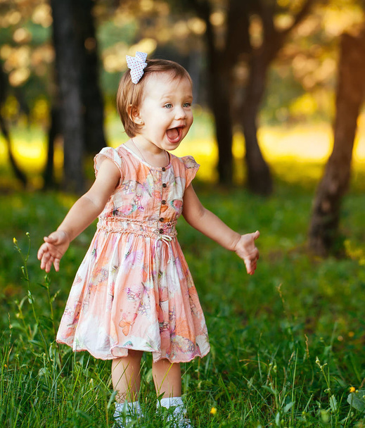 Outdoor portrait of adorable smiling little girl in summer day. - Фото, зображення