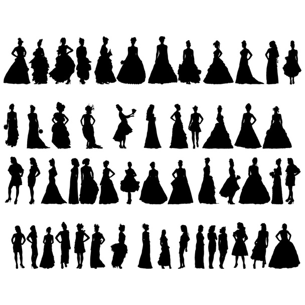 kadın siluetleri çeşitli elbiseler. vektör çizim - Vektör, Görsel