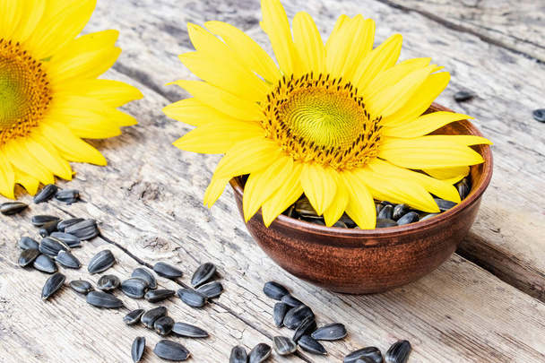 gelbe Sonnenblumen und Sonnenblumenkerne in einer Schüssel auf einem hölzernen Hintergrund. - Foto, Bild