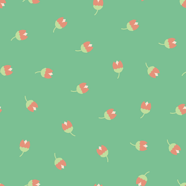Scattered ditsy flowers green pink seamless vector pattern. Small folk florals repeating background. Scandinavian tulips. Fabric, girls, nursery, page fill, packaging, digital paper. - Вектор, зображення