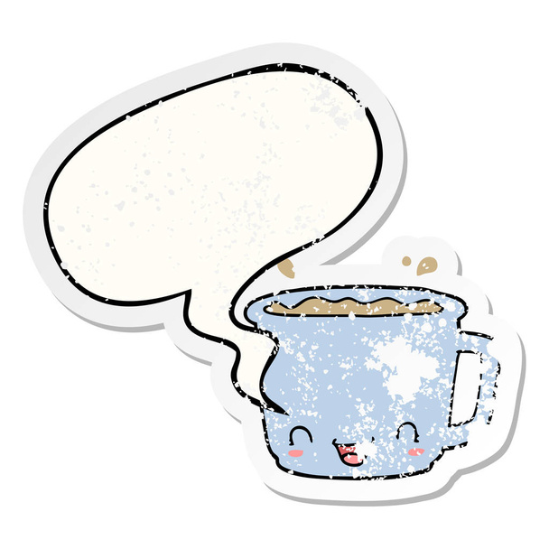 cartoon cup of coffee and speech bubble distressed sticker - ベクター画像
