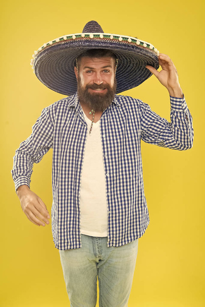 Mexican bearded guy ready to celebrate. Customs and traditions. Man wear sombrero mexican hat. Vacation travel festival and holidays. Join fest. Mexican culture concept. Celebrate mexican holiday - Foto, immagini