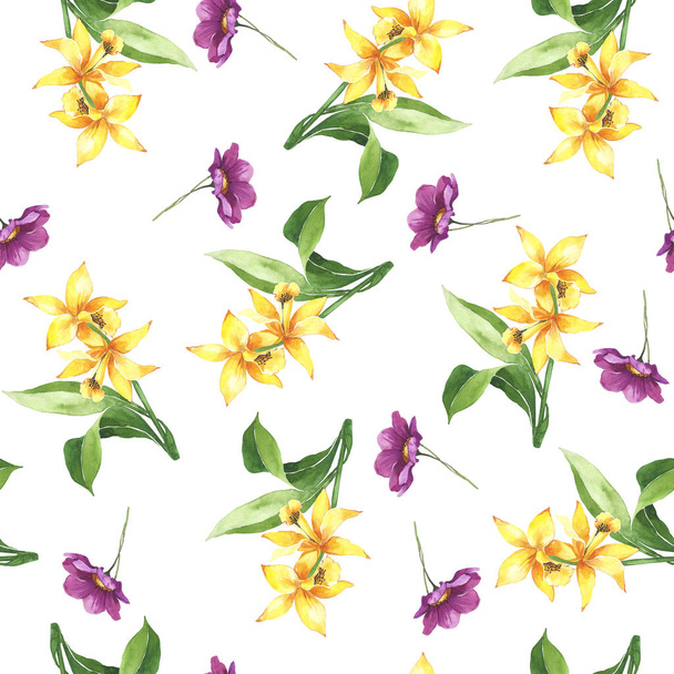 Watercolor botanical floral print. Summer pattern. Wrapping paper. Wedding decor. Yellow bright lilies. Bright garden. Fresh summer bright rustic wedding. Flower pattern. - Photo, Image