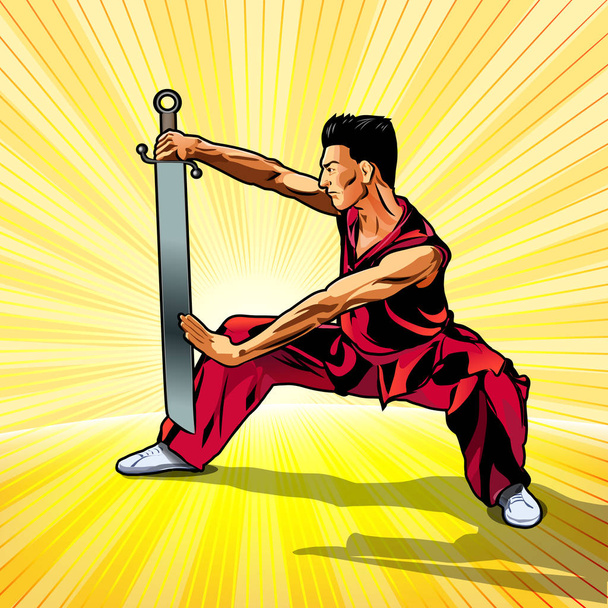 Vector illustratie. Wushu of Kunffu met zwaard. De techniek van het zwaard - Vector, afbeelding