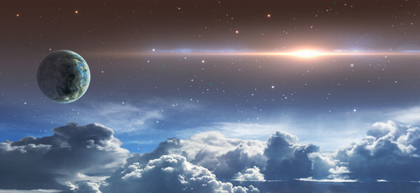 Cena espacial. Céu estrelado com nuvens, planeta e clarão de lente. Elementos
 - Foto, Imagem