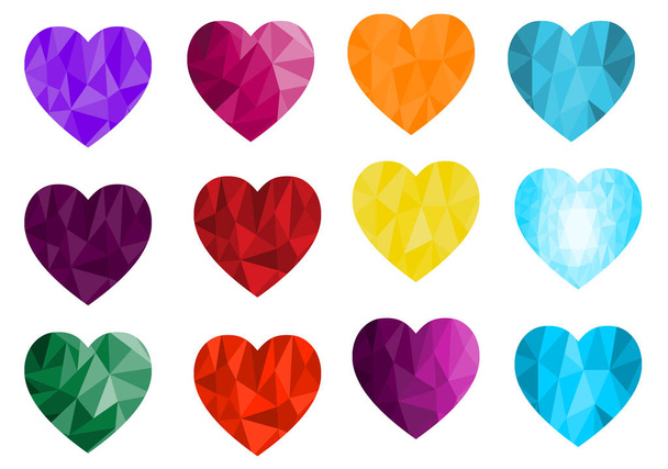 12 poligonal parlak halftone kalpleri koleksiyonu. Mücevher kalp taşları. Sevgililer Günü dekorasyon elemanları. Kartlar, davetiyeler, posterler, afişler, günlük vb. için kullanılabilir Vektör çizimi. - Vektör, Görsel