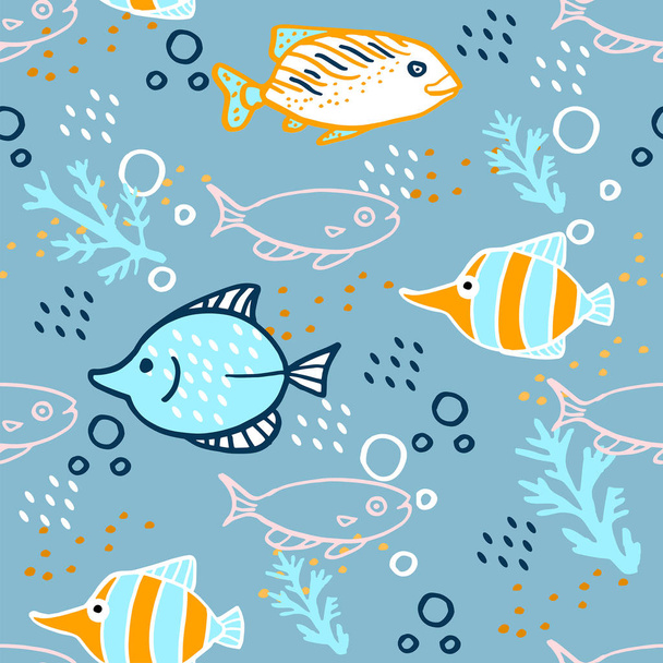 Seamless cartoon pattern with fish on blue background.  - Vektor, kép