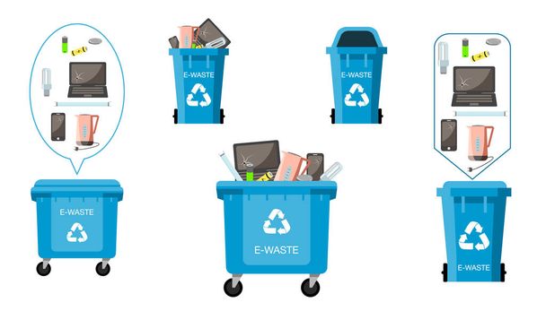 Комплект синих мусорных баков, контейнеров и векторов для мусора E-Waste. Управление отходами. Открыто и закрыто. Разные размеры и вид. Вид спереди. Подпишите Стрелу. Изолированная иллюстрация
 - Вектор,изображение