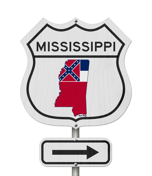 Mississippi kaart en staat vlag op een USA Highway Road teken - Foto, afbeelding