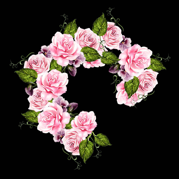 Прекрасный акварельный свадебный венок с цветами розы и фиалки
. - Фото, изображение