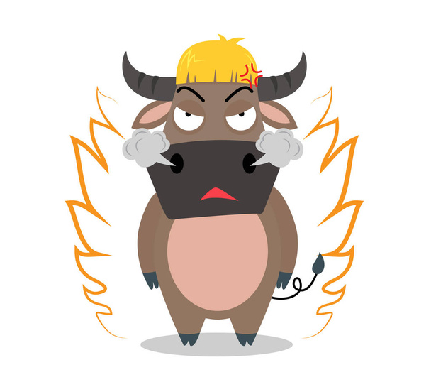 Caricatura de búfalo enojado sobre fondo blanco - ilustración vectorial
 - Vector, imagen