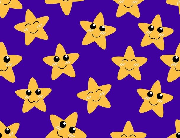 Bezszwowe wzór kreskówki słodkie gwiazdy na niebieskim tle-wektor ilustracji  - Wektor, obraz