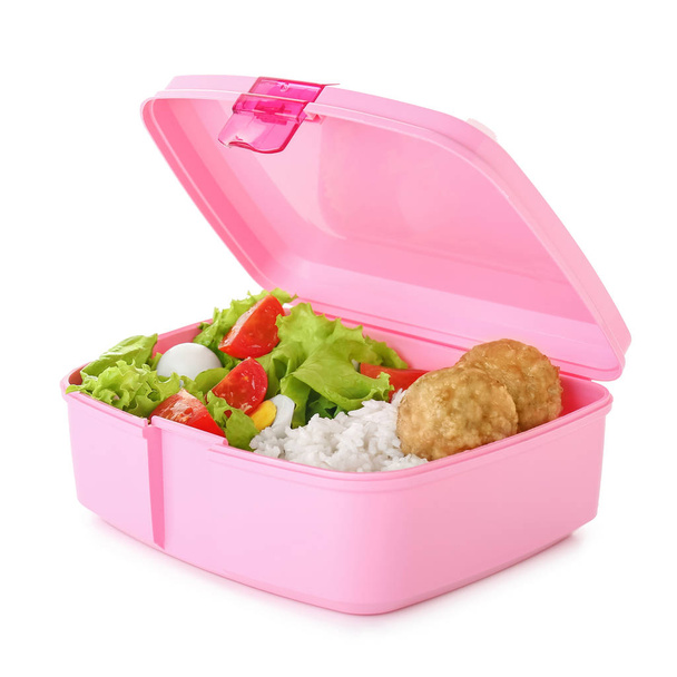 Σχολικό κουτί μεσημεριανού γεύματος με νόστιμο φαγητό σε λευκό φόντο - Φωτογραφία, εικόνα