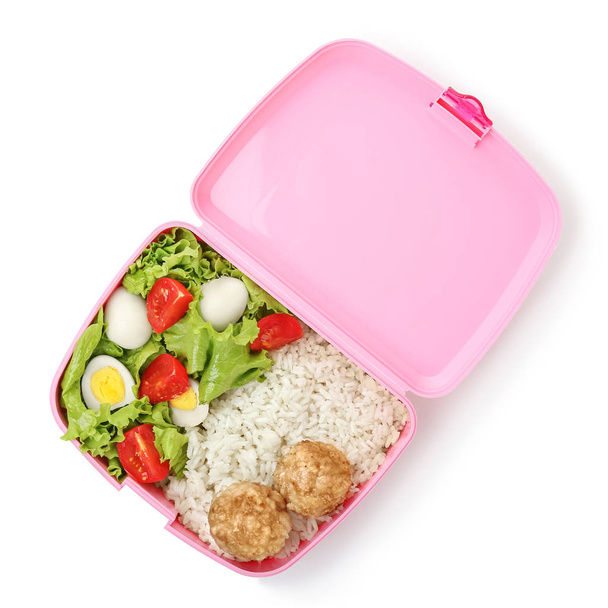 Σχολικό κουτί μεσημεριανού γεύματος με νόστιμο φαγητό σε λευκό φόντο - Φωτογραφία, εικόνα