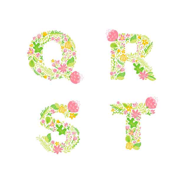 Vector Hand Drawn floral uppercase letter monograms or logo. Uppercase Letters Q, R, S, T with Flowers and Branches Blossom. Floral Design - Vektori, kuva