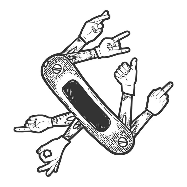 canivete de bolso multi-ferramenta do Exército Suíço com diferentes gestos de mão esboço gravura vetor ilustração. Imitação de estilo Scratch board. Imagem desenhada à mão preto e branco
. - Vetor, Imagem