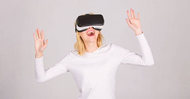 Woman using VR device. Woman watching virtual reality vision. Woman wearing virtual reality goggles. Pixelated. - Foto, Imagen