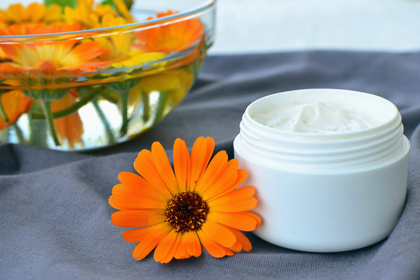 Calendula cosmetic cream and flowers - Foto, Imagen