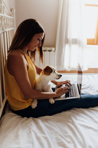 Beautiful woman sitting on the bed writing on the laptop with her dog Jack Russell terrier on her legs at sunset - Photo, Image
