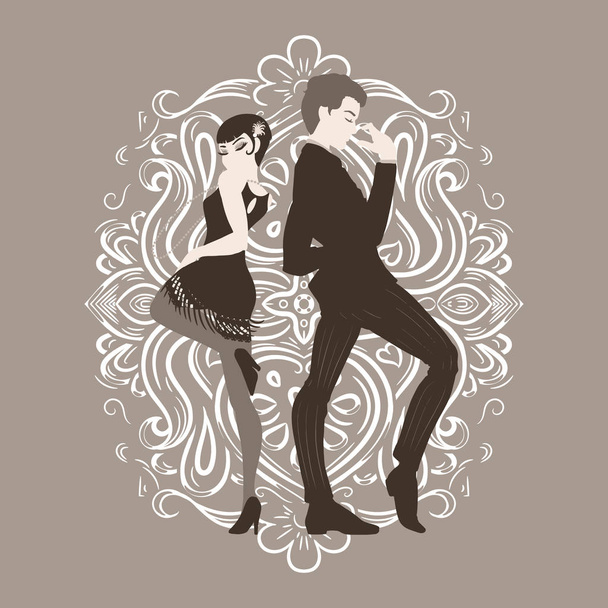 Tarjeta de fiesta retro, hombre y mujer vestidos en estilo 1920 bailando
,  - Vector, Imagen