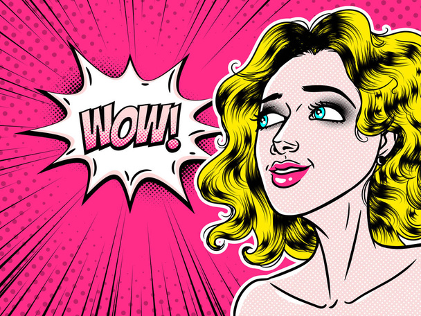 Comic style beautiful young woman saying wow in speech bubble, p - Vector, Image