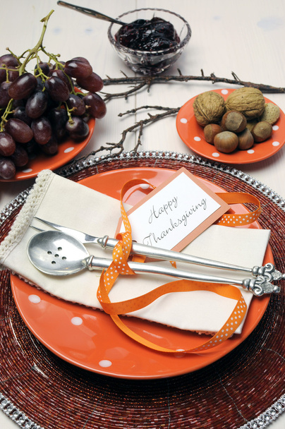 幸せな感謝祭のブランチ、昼食または夕食のテーブルの設定 - 写真・画像